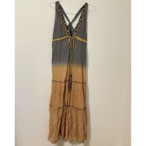 Lulumari Womens M Sleeveless Halter Beaded Embroidered Dress Ombre Tiered Boho